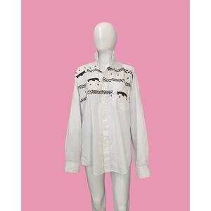 80s White Button Down Blouse Oxford Leopard Jaguar Shirt Coverup
